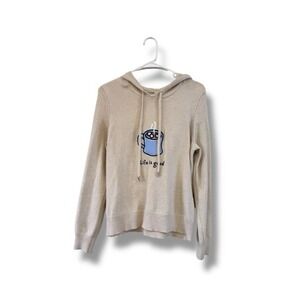 Life Is Good Hoodie Sweater Women's Sz M Beige Embroidered Cozy Hot Chocolate